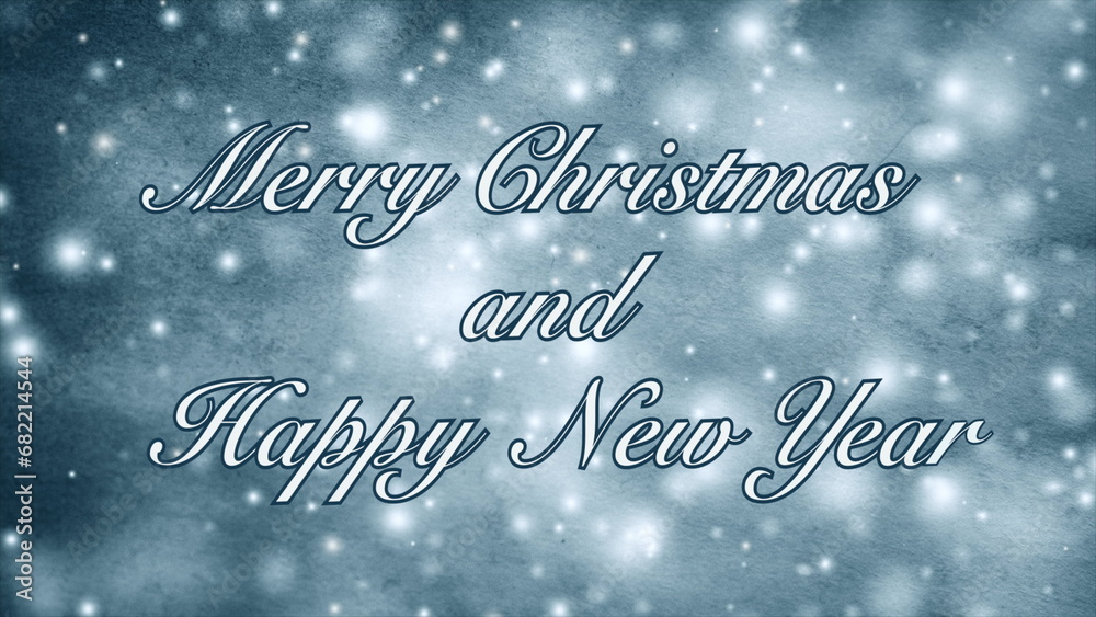 Merry Christmas and Happy New Year words letters design on paper background with white and blue spots and animated snow. Text background backdrop. Merry Christmas and Happy New Year words letters design on paper background with white and blue spots and animated snow. Text background backdrop.