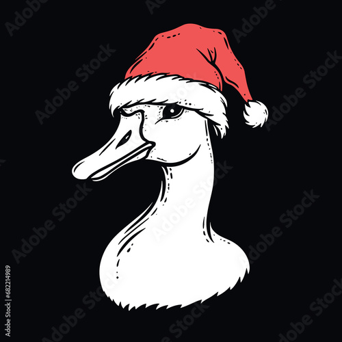 Goose wearing Santa hat Christmas illustration. Funny silly goose bust portrait hand drawing. Minimalist festive farm animal design vector for print products and t-shirts.