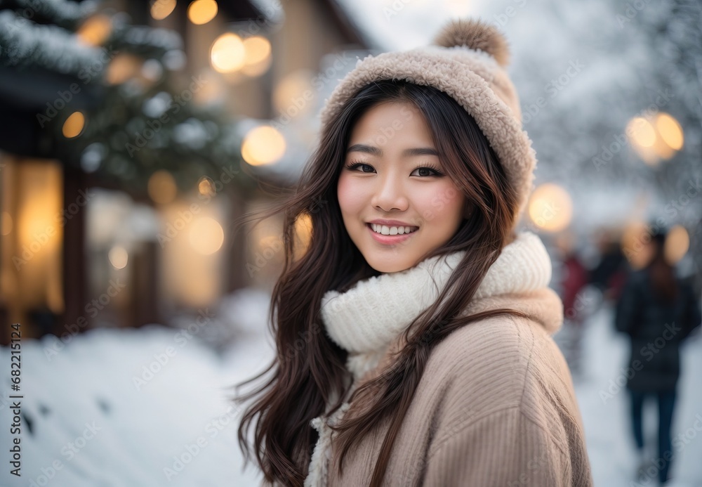 Beautiful asian women wearing winter costume, smile, snow, street on the background Beautiful asian women wearing winter costume, smile, snow, street on the background