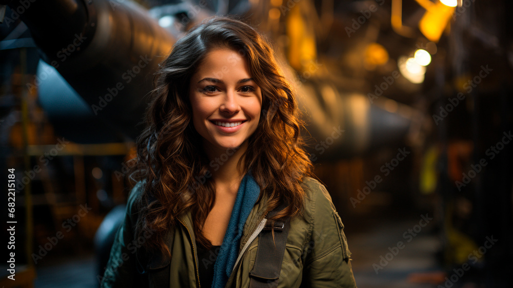 portrait of a young mechanic working in an industrial garage. the girl is working on the car.