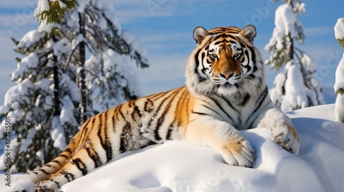 A Siberian tiger resting on a snow-covered rock in a wintry landscape