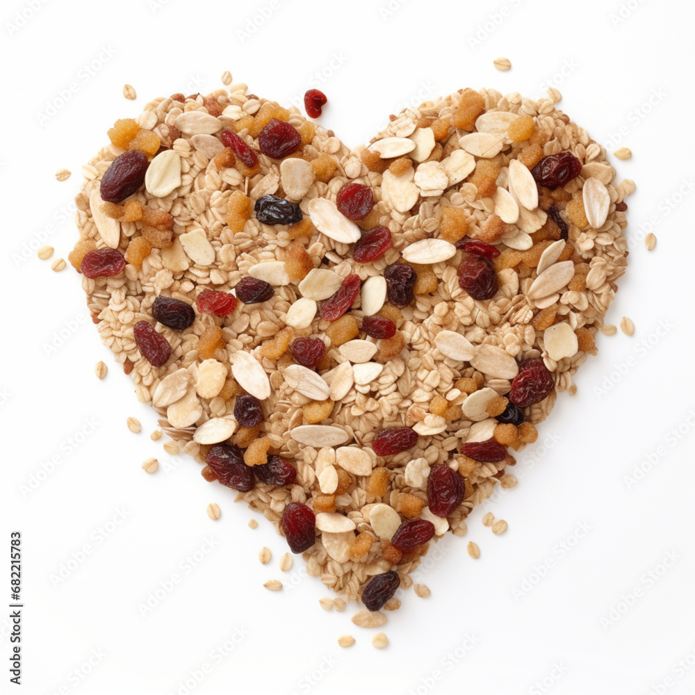 pile of muesli loosely shaped like heart on a white background created with Generative Ai pile of muesli loosely shaped like heart on a white background created with Generative Ai