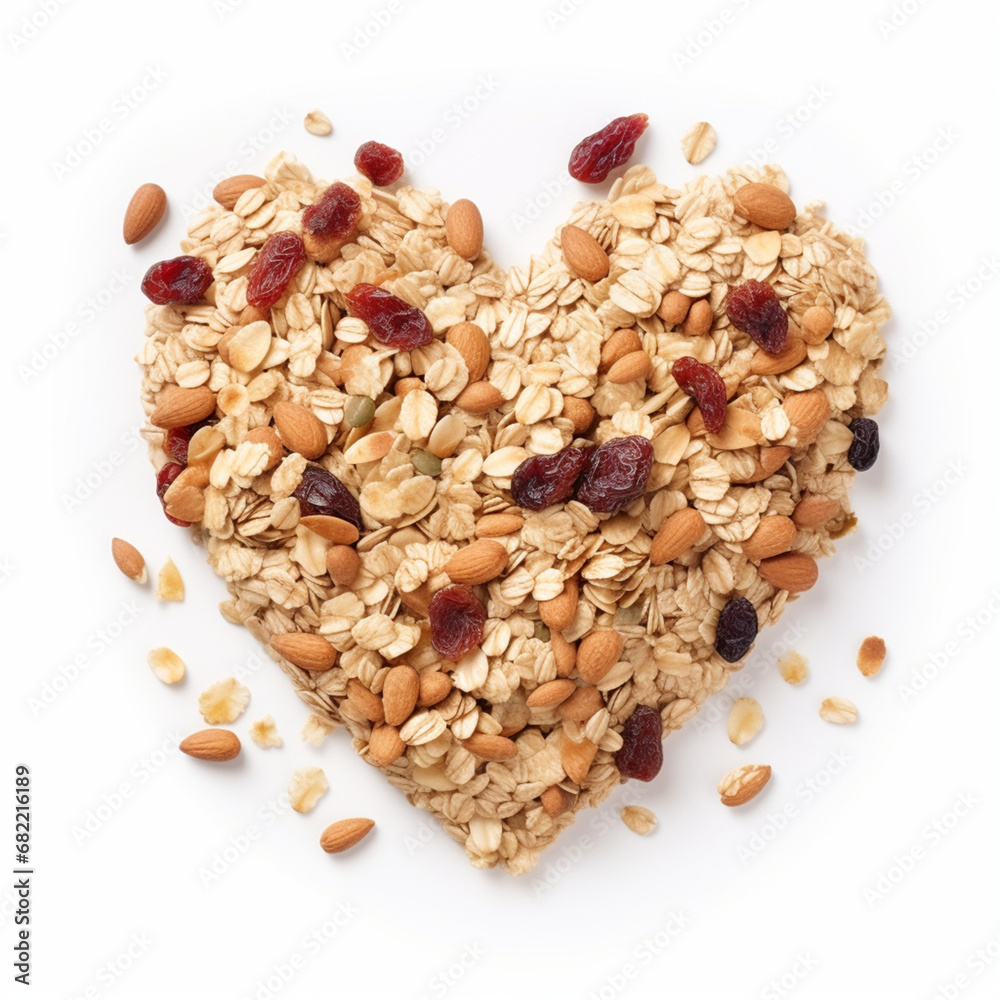 pile of muesli loosely shaped like heart on a white background created with Generative Ai pile of muesli loosely shaped like heart on a white background created with Generative Ai