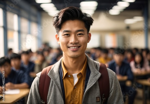 Handsome asian men wearing school uniform, smile, education, school on the background