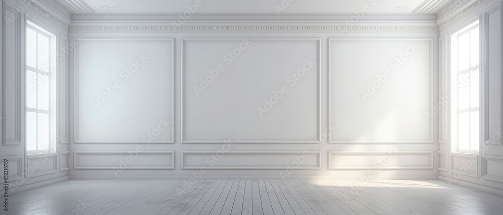 White apartment template. Wall background with moulding panels. Minimal interior mockup. Generative ai - obrazy, fototapety, plakaty 