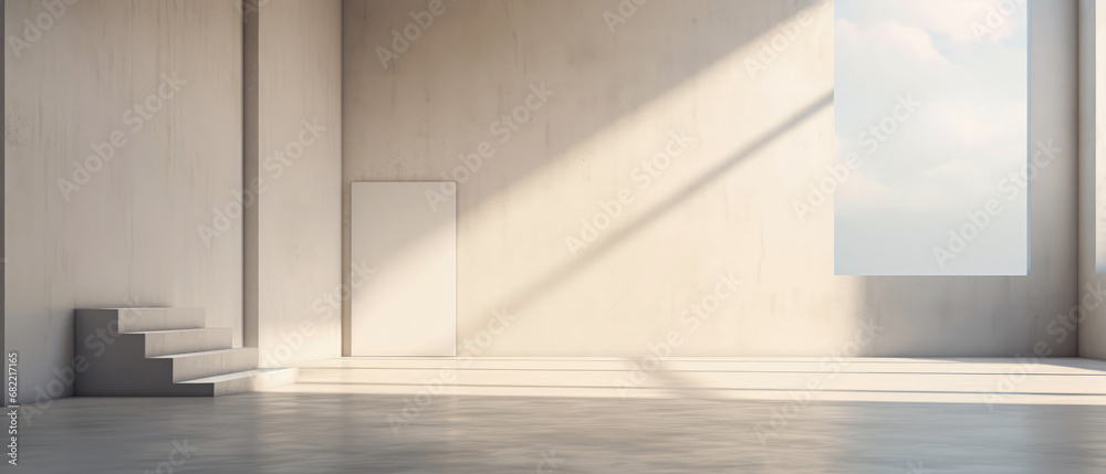 Futuristic beige interior mockup. Surreal view. Textured empty wall with overlay shadow effect. Empty podium, display, for product presentation. Minimal background. Generative ai. Futuristic beige interior mockup. Surreal view. Textured empty wall with overlay shadow effect. Empty podium, display, for product presentation. Minimal background. Generative ai.