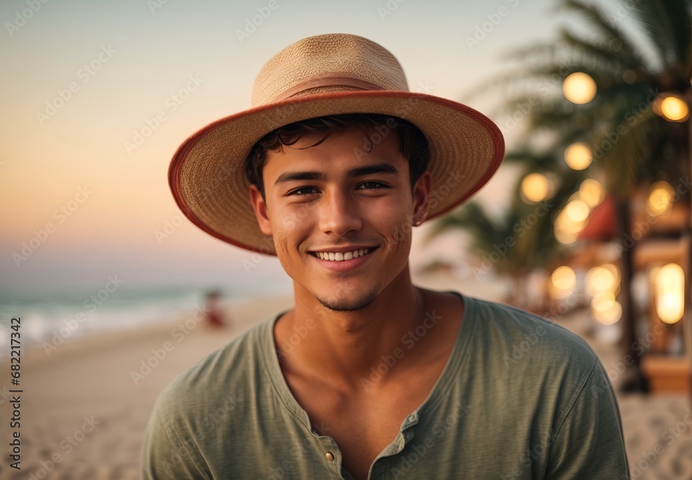 Handsome white men wearing vacation theme outfit, smile, travel ads, beach on the background