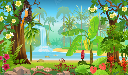  Jungle forest view. Jungle with green tropical trees, river or lake and a waterfall, plants, shrubs and flowers. Wildlife panoramic with landscape. Vector cartoon illustration.