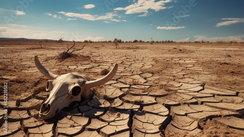 干ばつでひび割れた大地と動物の骨 photo