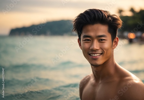 Asian men shirless  smile  beach on the background