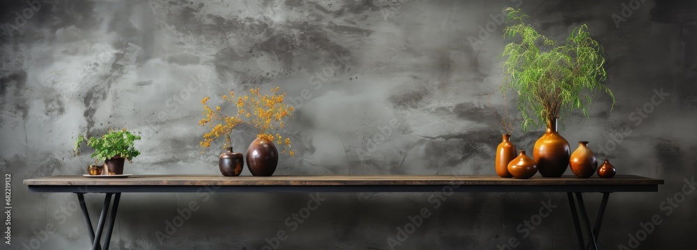 Harmonious Balance: Wooden Table with Vases and Natural Elements