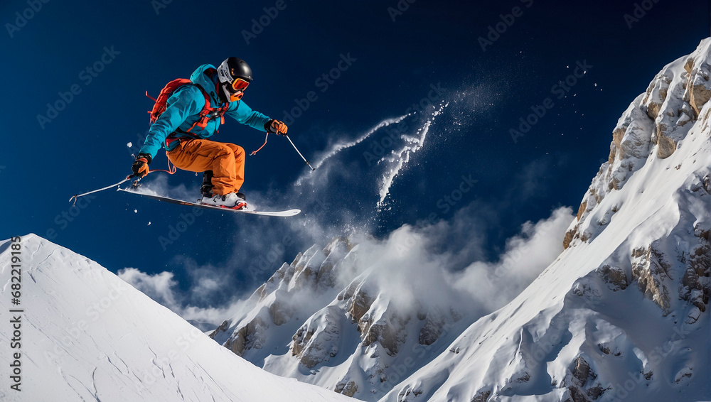 A snowboarder rides down the slope of a snow-capped mountain on a sunny day. A snowboarder rides down the slope of a snow-capped mountain on a sunny day.