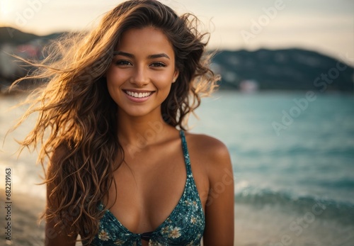 White women wearing bikini, smile, beach on the background