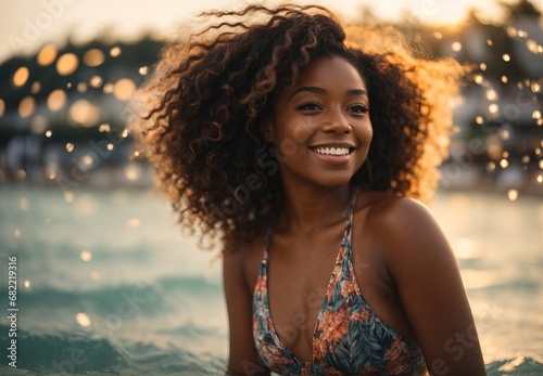 Black women wearing bikini, smile, beach on the background