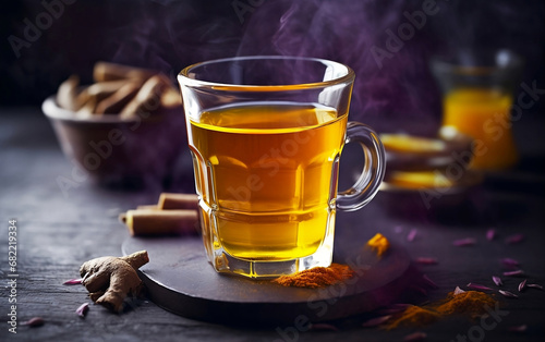 Glass of turmeric tea on wooden table. Cup of hot turmeric tea with cinnamon, ginger, and turmeric on a wooden table background.