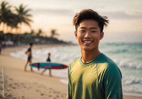 Asian men in surfing suit, surfing ads, beach on the background photo