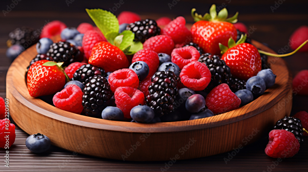 Fresh organic summer berries mix in round wooden tram