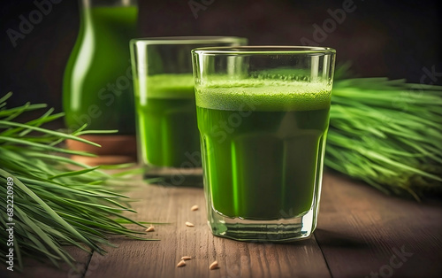 Wheatgrass juice on a blurred background. A healthy drink that can be healthy and function as a detox in the body.