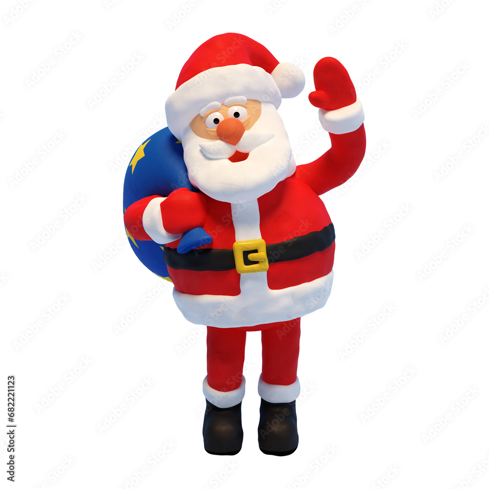 Plasticine Santa with gift bag waving his hand. Santa Claus cartoon style. Isolated 3d illustration. Plasticine Santa with gift bag waving his hand. Santa Claus cartoon style. Isolated 3d illustration.