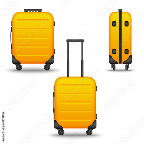 Luggage objects set yellow hard suitcases on wheels side and front view, 3d realistic vector baggage accessories isolated on white background.