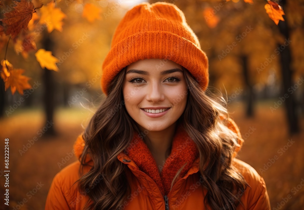 Woman in autumn season, wearing orange costume theme and hat, autumn leaf and tree decoration on the background Woman in autumn season, wearing orange costume theme and hat, autumn leaf and tree decoration on the background