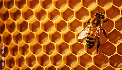 Close-up of a bee on honey and honeycombs in warm light, background