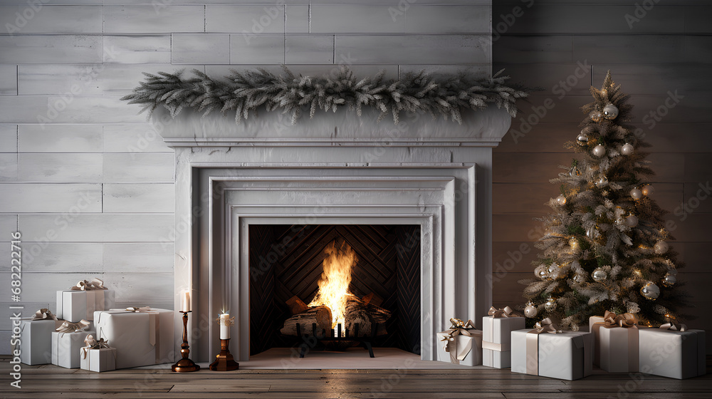 Christmas decoration with fireplace, Christmas tree, gifts, socks, lights, candles... Christmas decorated home. Christmas interior decoration.
