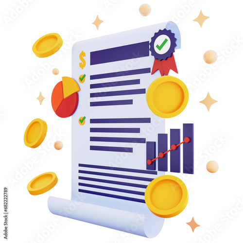 3d icon business contract with money isolated on the transparent background