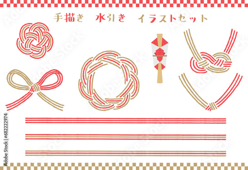 
手描きのおしゃれな水引きセット　赤金