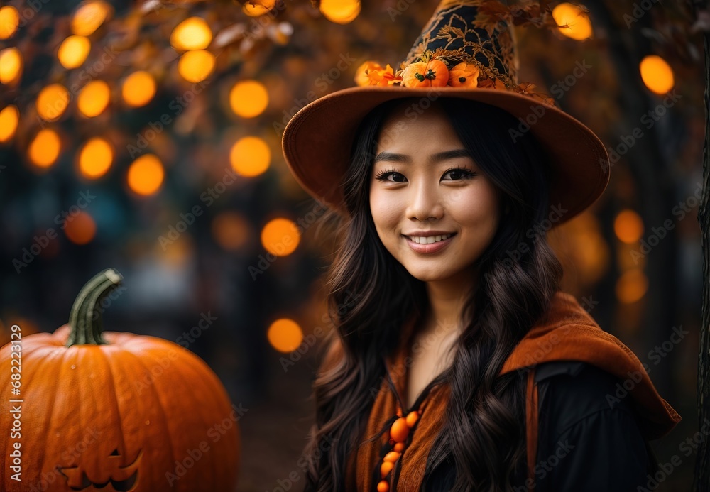 Woman celebrate hallowen, wearing orange costume theme and hat, pumpkin and decoration on the background