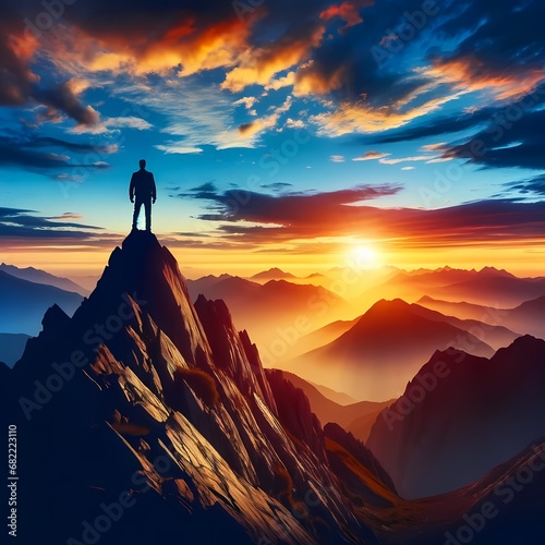 Silhouette of a person standing on the top of a mountain