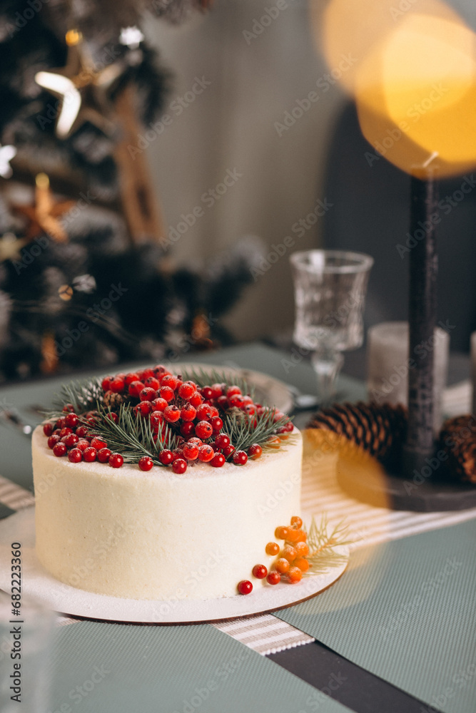 Christmas cake decorated with red berries