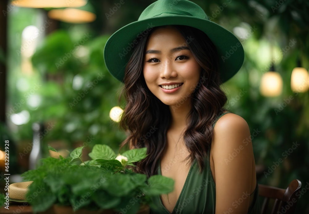 Women wearing green theme costume and hat, leaf and tree on the background