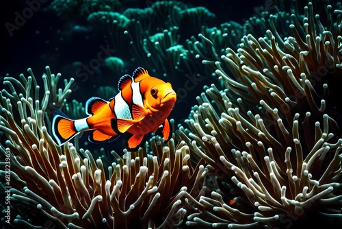 A vibrant clownfish, adorned with bright orange and white stripes