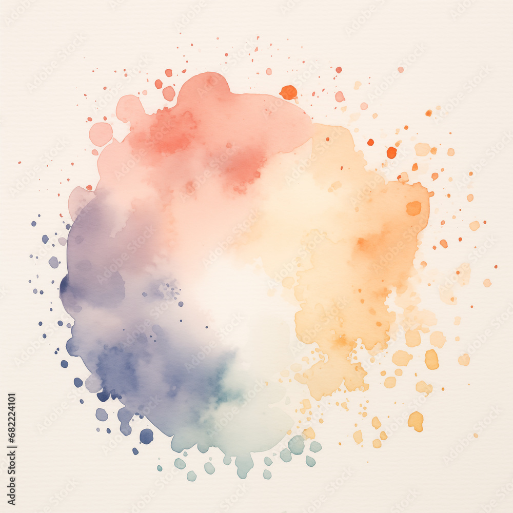 Colourful brush  watercolor blot with splashes on white paper. Isolated on white background with copy space for text. Abstract creative background