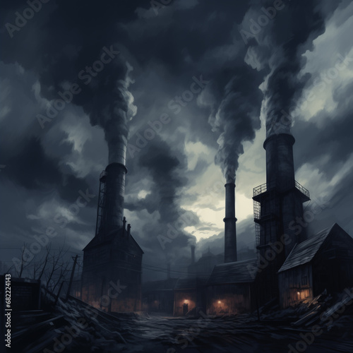 Thick smoke belching from factory chimneys against a grey sky. Environmental pollution. Concept of carbon dioxide emissions, global warming and climate change. Air pollution concept. photo