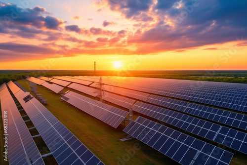 View of solar panels set against sunset sky, embodying the concept of a solar farm and the promise of alternative, clean energy for a sustainable future