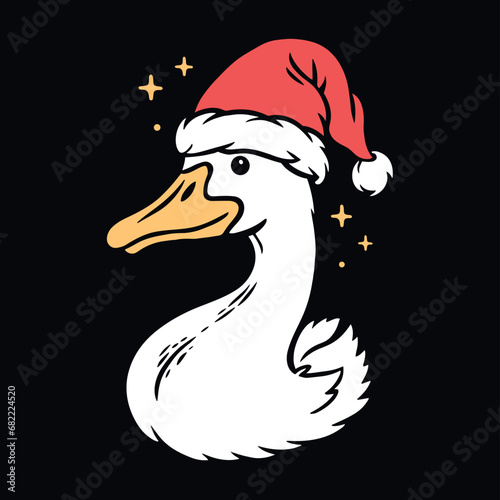 Goose wearing Christmas hat cute illustration. Funny silly goose bust portrait hand drawing for kids and children. Minimalist festive farm animal design vector for print products and t-shirts.