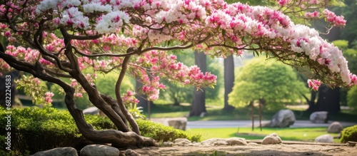 In the serene Japanese garden, a white floral tree bathed in the vibrant summer sun, adorned with pink blossoms and lush green leaves, capturing the essence of nature in spring.