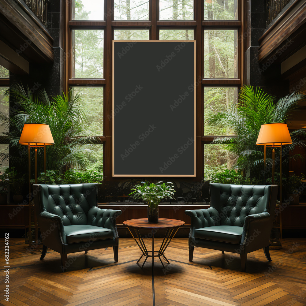 Fototapeta premium Hotel interior design with lounge area. Blank mockup for advertising. Generative AI. 