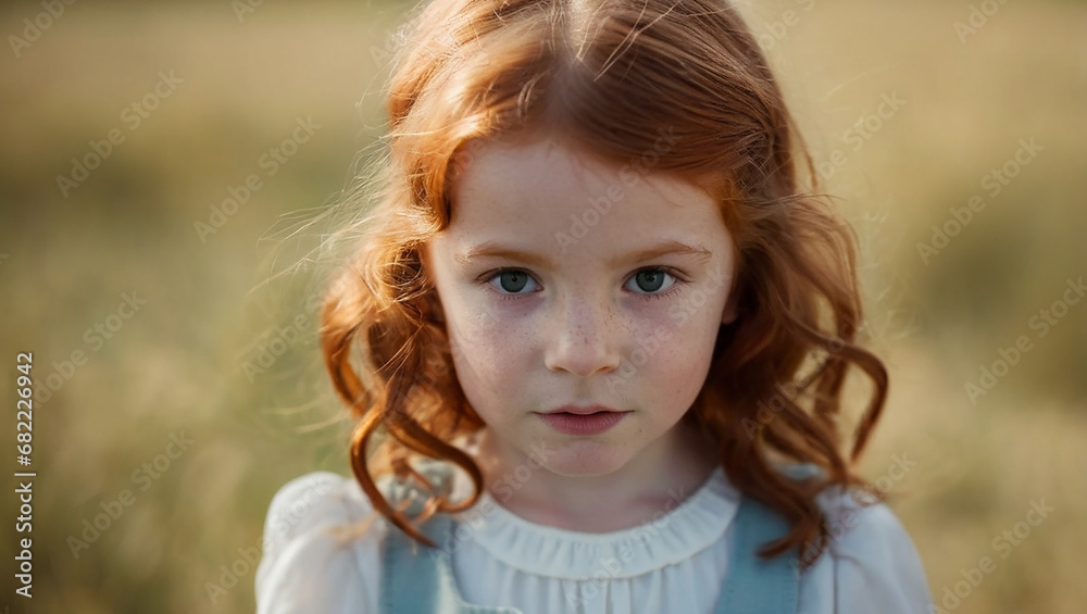 Niña pelirroja en la naturaleza. Retrato en aventura al aire libre