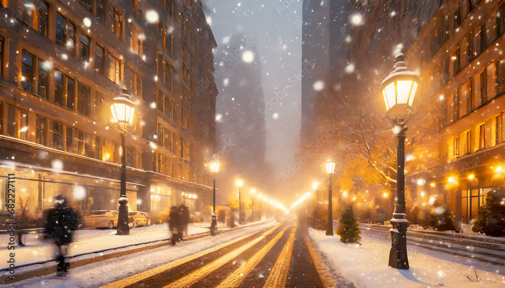 Street in a busy city at night. Winter wonderland, big snowfall. Foggy, magical atmosphere. Generative AI illustration