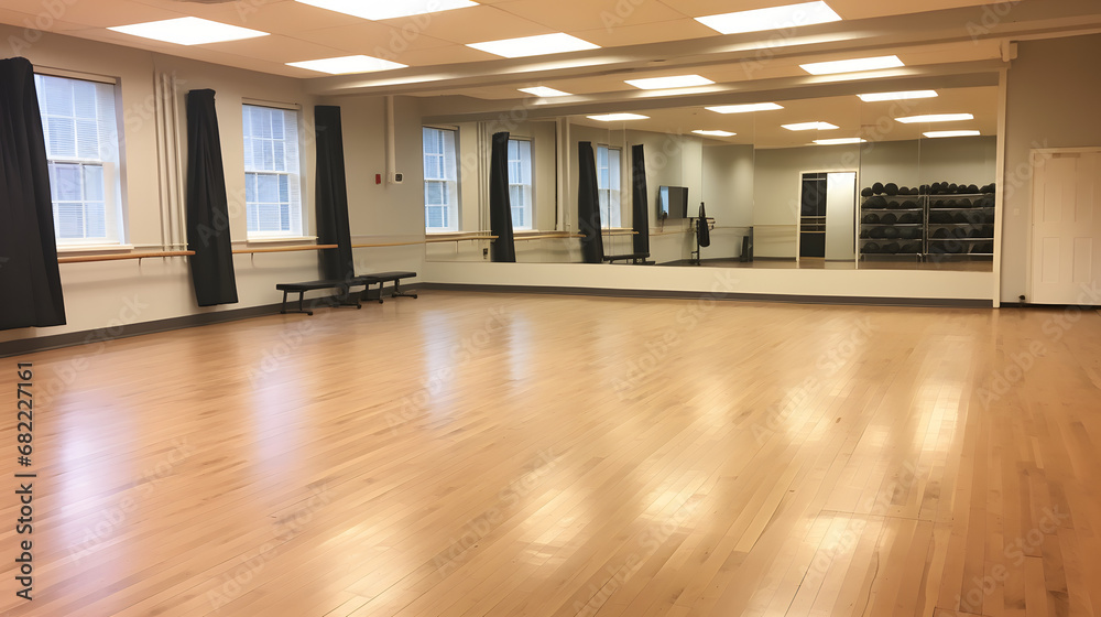Dance fitness class setup in aerobics studio Dance fitness class setup in aerobics studio
