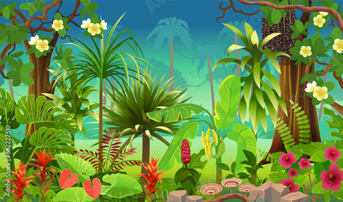  Jungle forest view. Jungle with green tropical trees, plants, shrubs and flowers. Wildlife panoramic with landscape. Vector cartoon illustration.