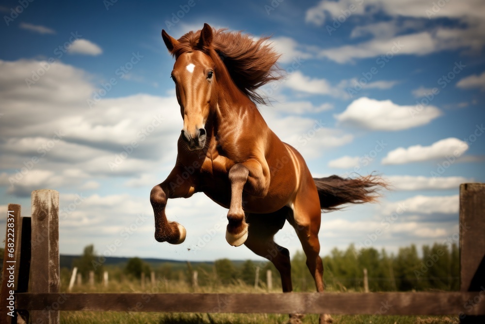 Brown horse jumping over a barrier - obrazy, fototapety, plakaty 
