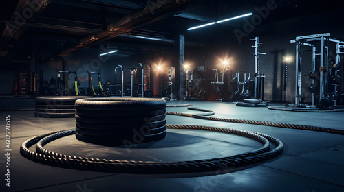 Functional training zone in gym with ropes and tires photo
