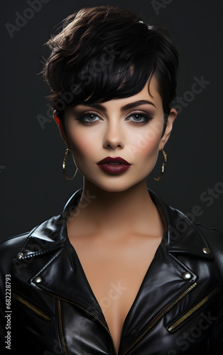 Portrait of woman with wearing black leather motocycle jacket, white background