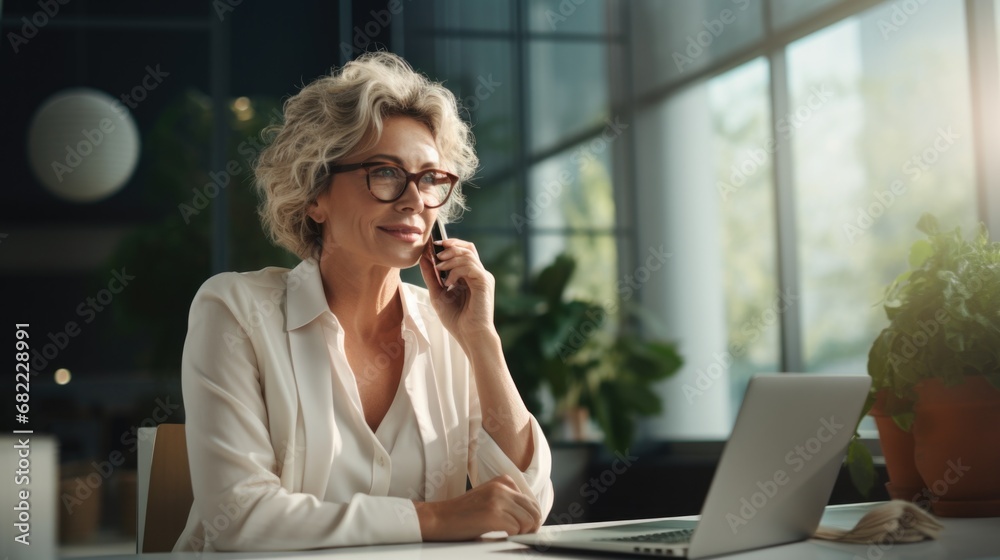 Middle aged European Latin businesswoman having call on smartphone with business partners or clients. Smiling mature Hispanic woman sitting at table talking by mobile cellphone at workplace in office. Middle aged European Latin businesswoman having call on smartphone with business partners or clients. Smiling mature Hispanic woman sitting at table talking by mobile cellphone at workplace in office.