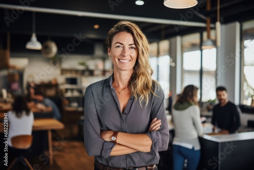 Young smiling European 30s 40s years businesswoman professional standing confident in modern coworking creative office space. Happy business woman looking at camera indoors at work with copy space. photo