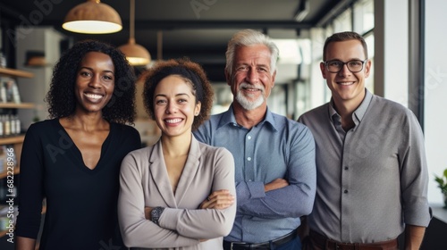 Diverse interracial business team, people diverse group looking at camera. Happy smiling multi-ethnic office worker startup crew photo.Good job, success project and businesspeople partnership concept photo